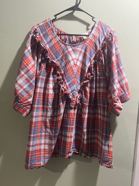 Plaid V-Neck Ruffle Blouse with Elbow Sleeves – Plus Size 3X
