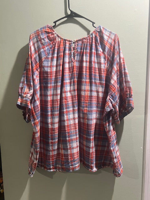 Plaid V-Neck Ruffle Blouse with Elbow Sleeves – Plus Size 3X