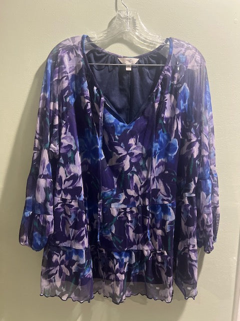 Terra & Sky Purple Floral Mesh Peplum Top – Plus Size 1X