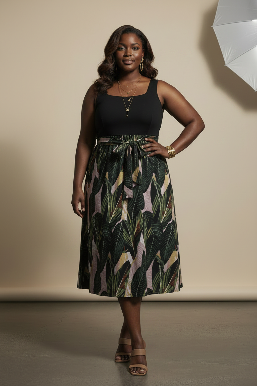 Plus Size Tropical Midi Dress on African-American Model