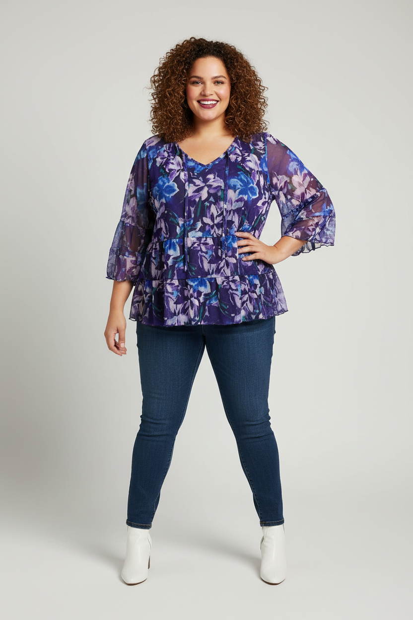 Purple Floral Peplum Top on plus-size model