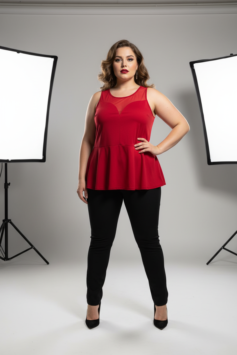 Red Mesh Top on plus-size model